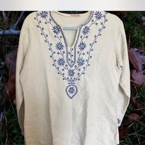 Vintage 1970’s Cream Top with Blue Embroidery